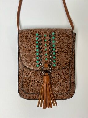Western Tooled Faux Leather Crossbody Bag Turquoise Studded Tassel Purse Boho
